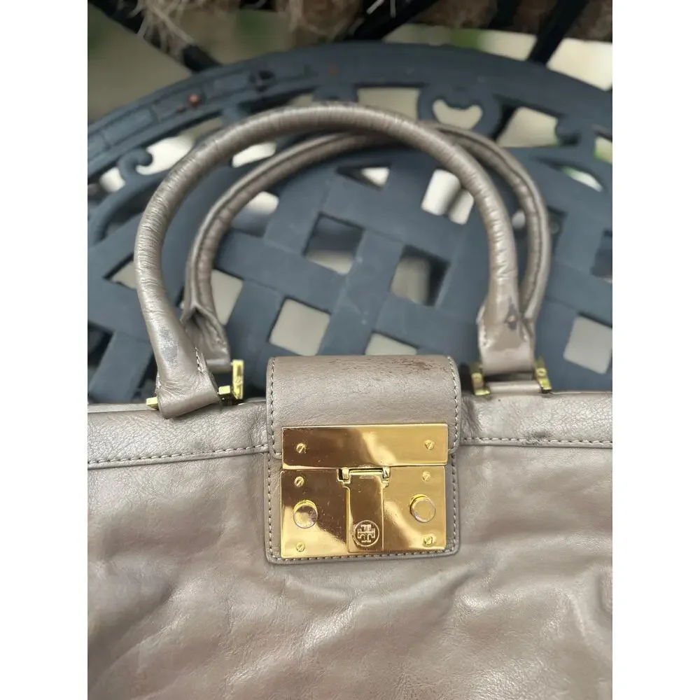 Tory Burch Holland Satchel Taupe Gray Leather Shoulder Bag Crossbody Tote Purse